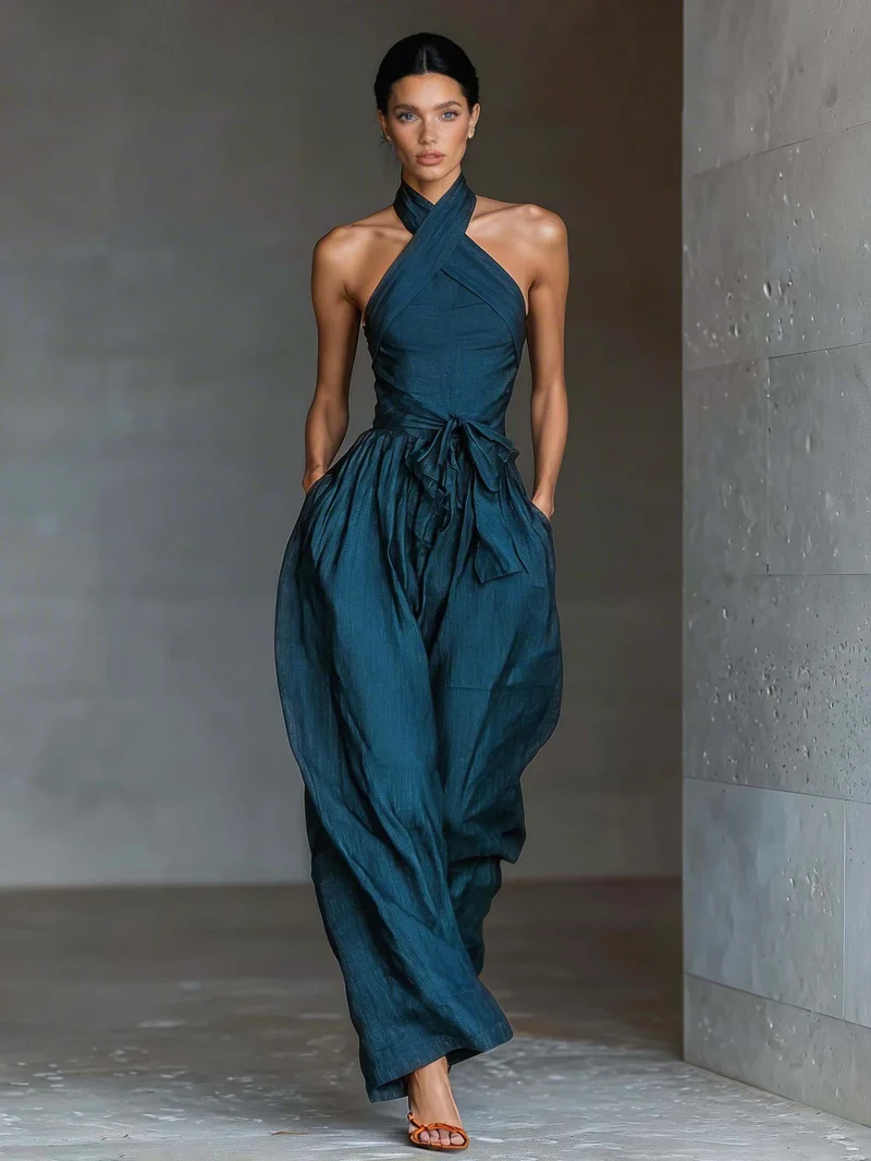 Elegant Sleeveless Cross-Front Wide-Leg Jumpsuit