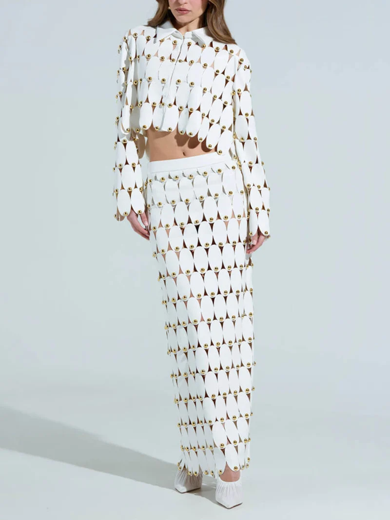 Exquisite Cut-Out Studded PU Cropped Cardigan Top And Maxi Skirt Set