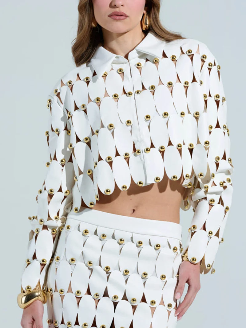 Exquisite Cut-Out Studded PU Cropped Cardigan Top And Maxi Skirt Set