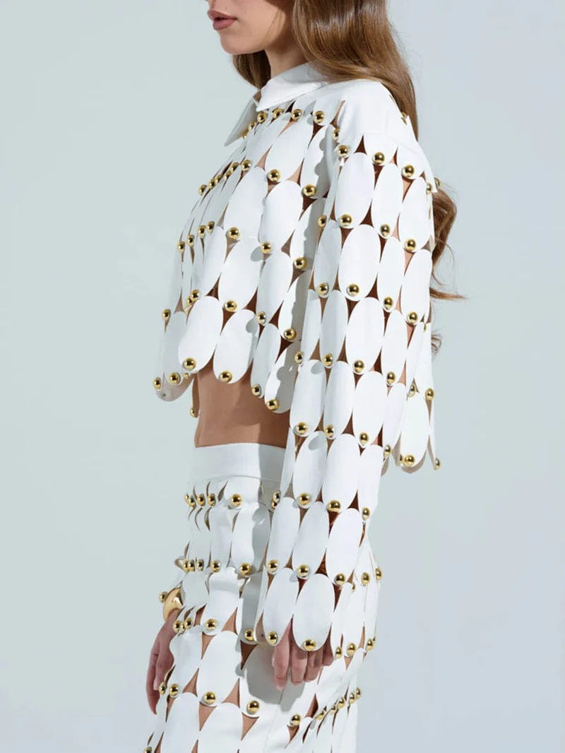 Exquisite Cut-Out Studded PU Cropped Cardigan Top And Maxi Skirt Set