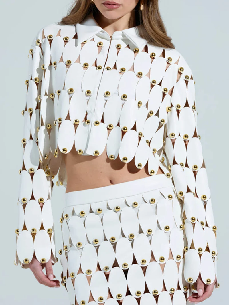 Exquisite Cut-Out Studded PU Cropped Cardigan Top And Maxi Skirt Set