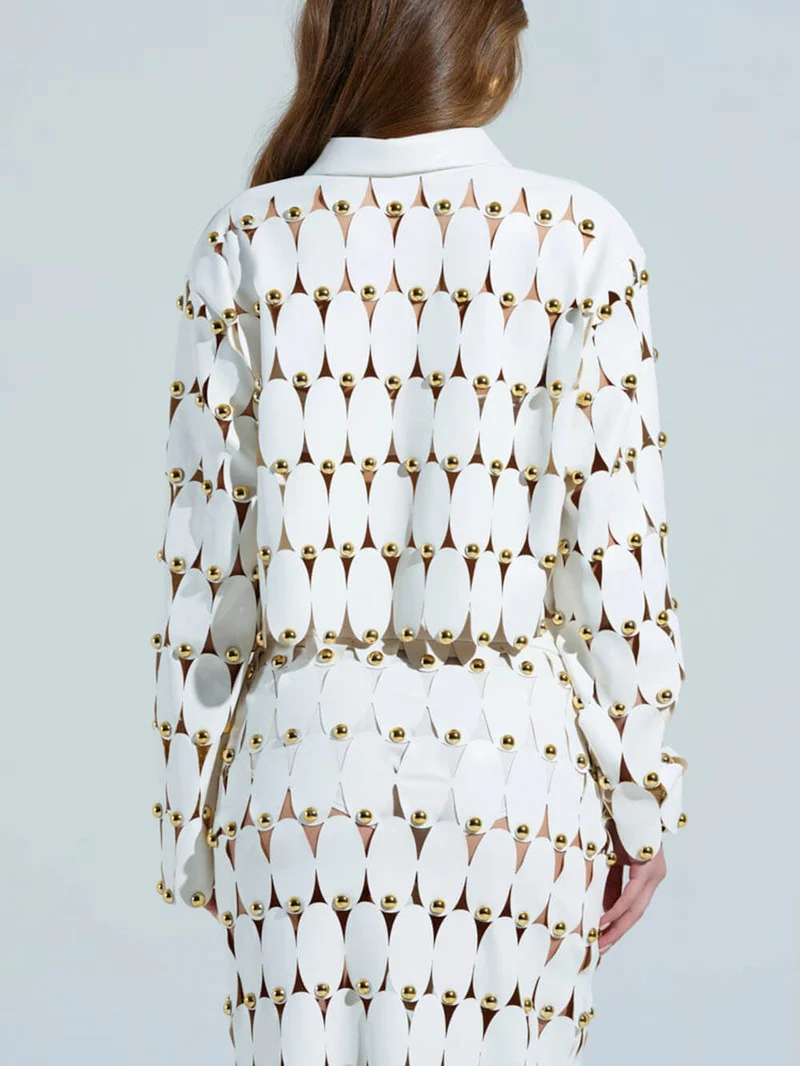 Exquisite Cut-Out Studded PU Cropped Cardigan Top And Maxi Skirt Set