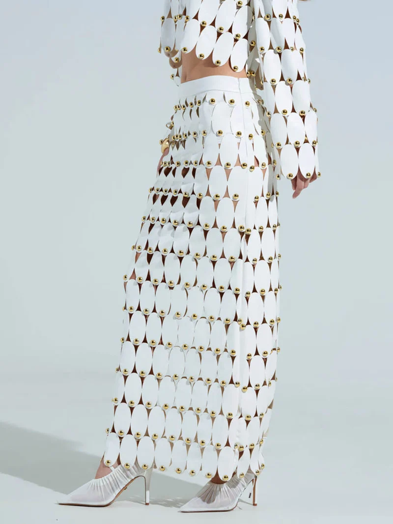 Exquisite Cut-Out Studded PU Cropped Cardigan Top And Maxi Skirt Set