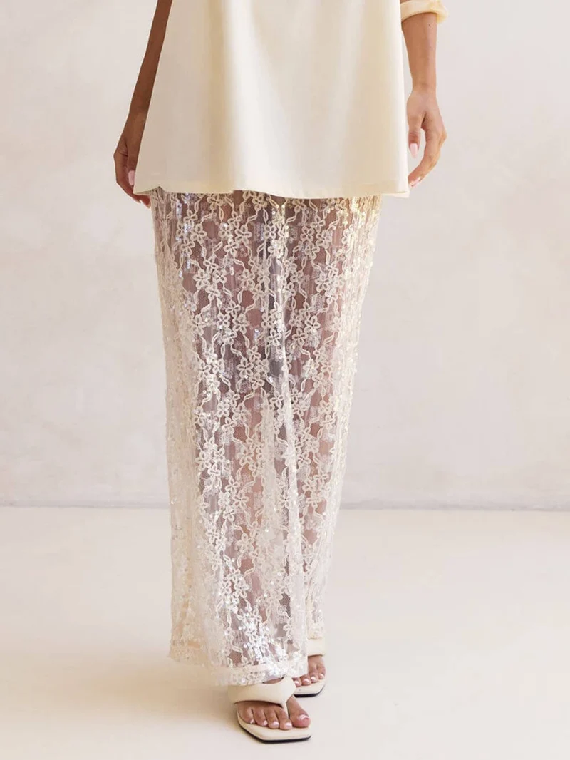 Elegant Off-Shoulder Strap A-Line Top Sheer Sequin Lace High-Waist Maxi Skirt Set