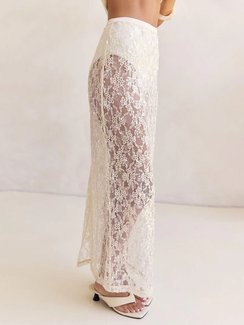 Elegant Off-Shoulder Strap A-Line Top Sheer Sequin Lace High-Waist Maxi Skirt Set