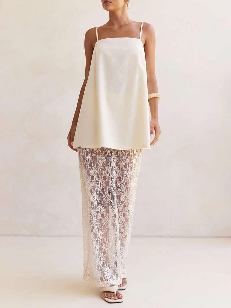 Elegant Off-Shoulder Adjustable Strap Straight-Hem A-Line Top