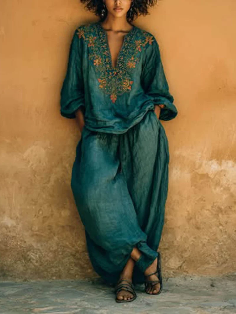 Boho Print Cotton Linen V-Neck Loose Shirt