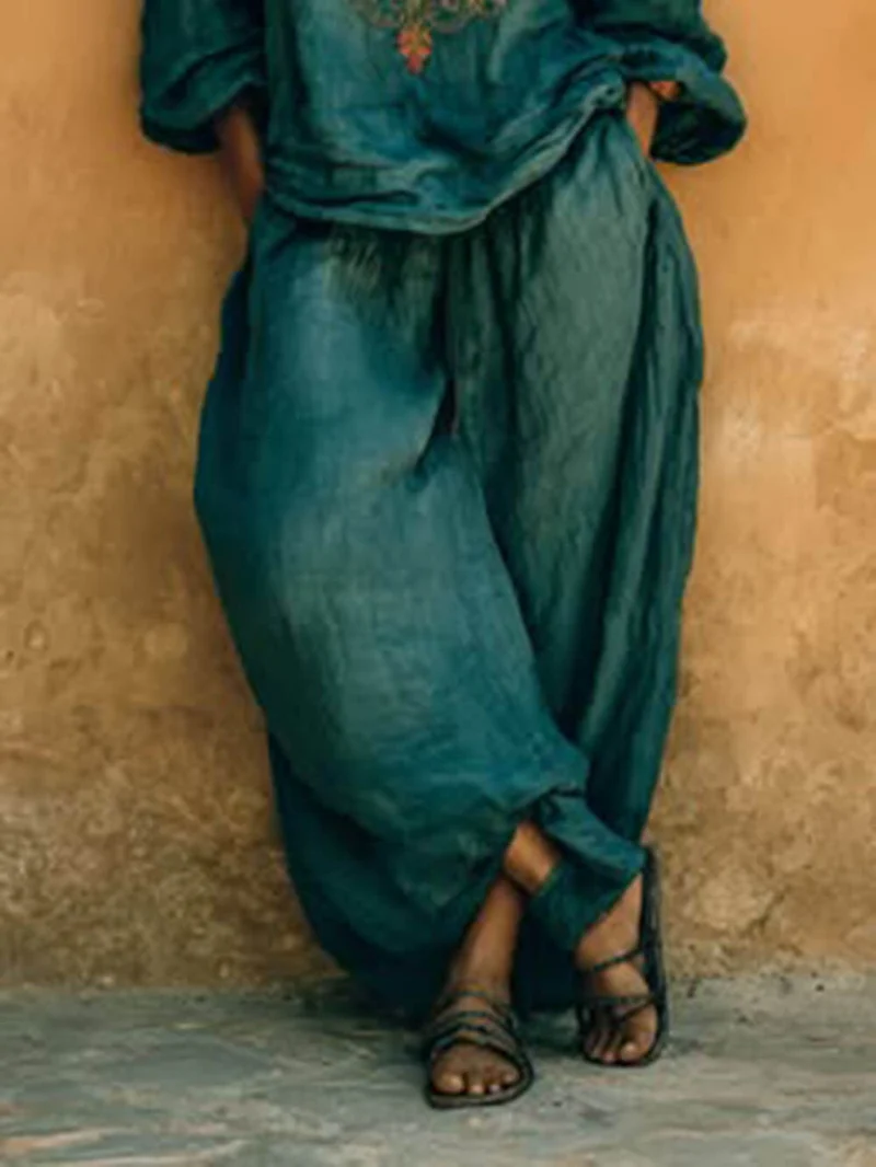 Boho Cotton-Linen Pockets Wide-Leg Pants