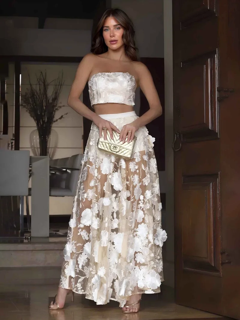 Elegant Strapless Floral Lace Crop Top & Maxi Skirt Two-Piece Set