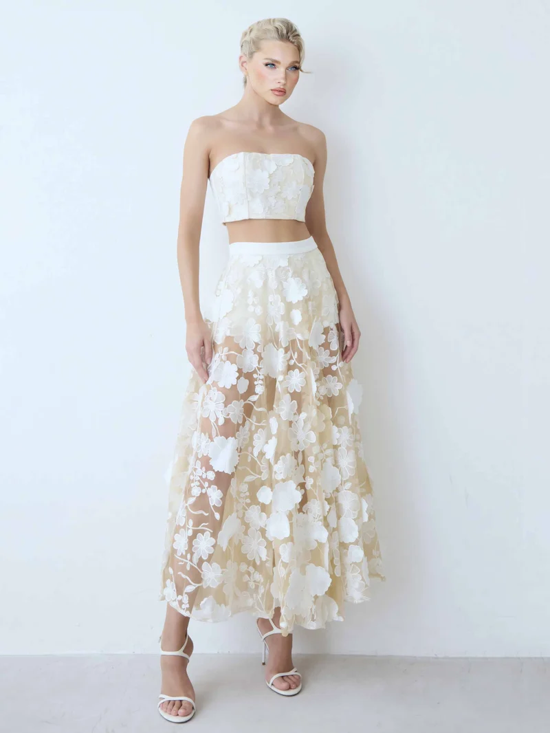 Elegant Strapless Floral Lace Crop Top & Maxi Skirt Two-Piece Set