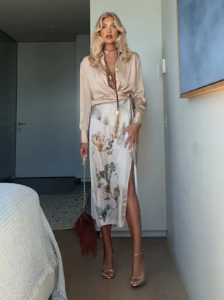 Elegant Knotted Blouse Paired With A Printed Skirt Two-piece Set