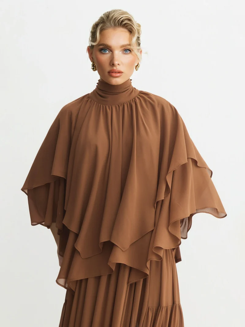 Elegant Chiffon Cape Top And Tiered Maxi Skirt Two-Piece Set
