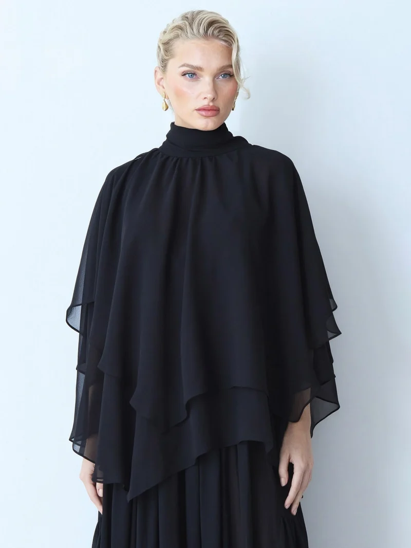 Elegant Chiffon Cape Top And Tiered Maxi Skirt Two-Piece Set