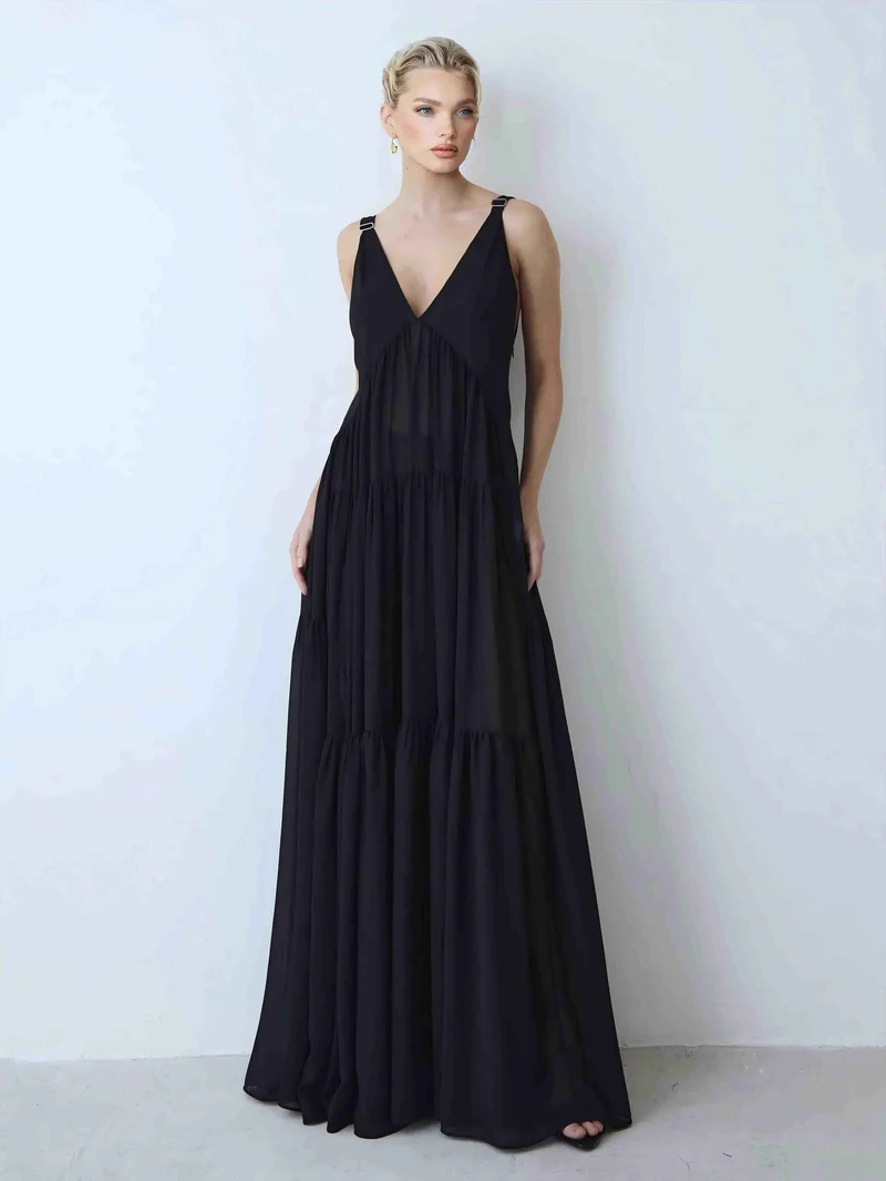 Elegant Chiffon Cape Top And Tiered Maxi Skirt Two-Piece Set