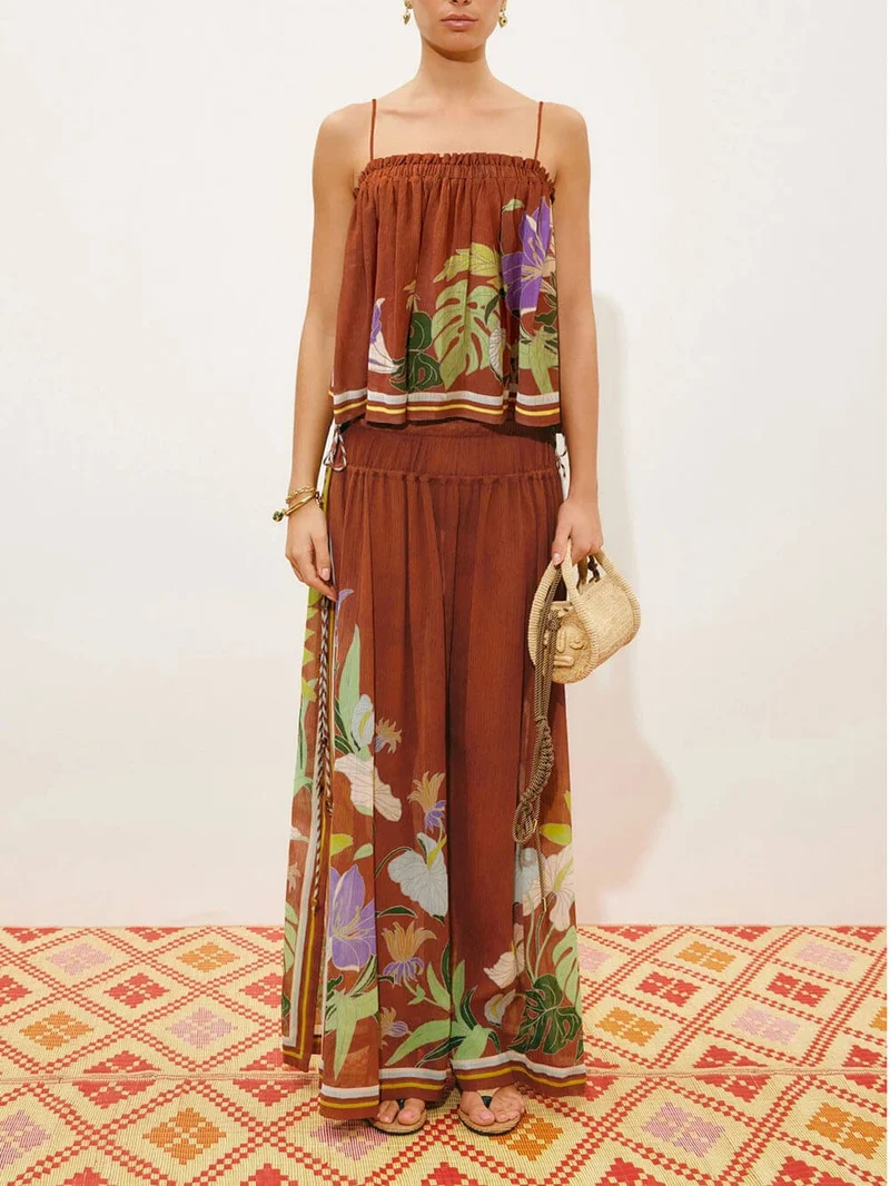 Delicate Ruffle Printed Drawstring Slit Wide-Leg Pants