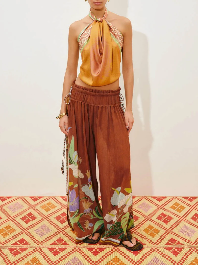 Delicate Ruffle Printed Drawstring Slit Wide-Leg Pants