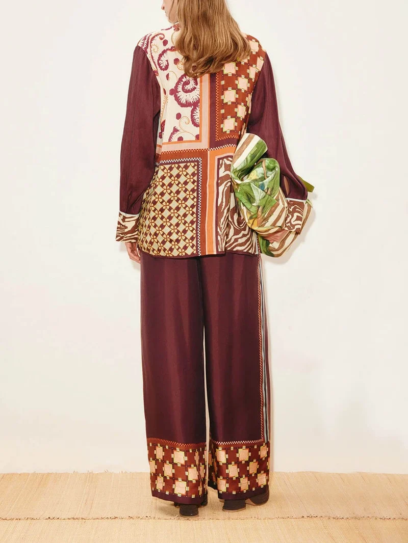 Unique Paisley Color-Block Satin Elastic Waist Wide-Leg Pants