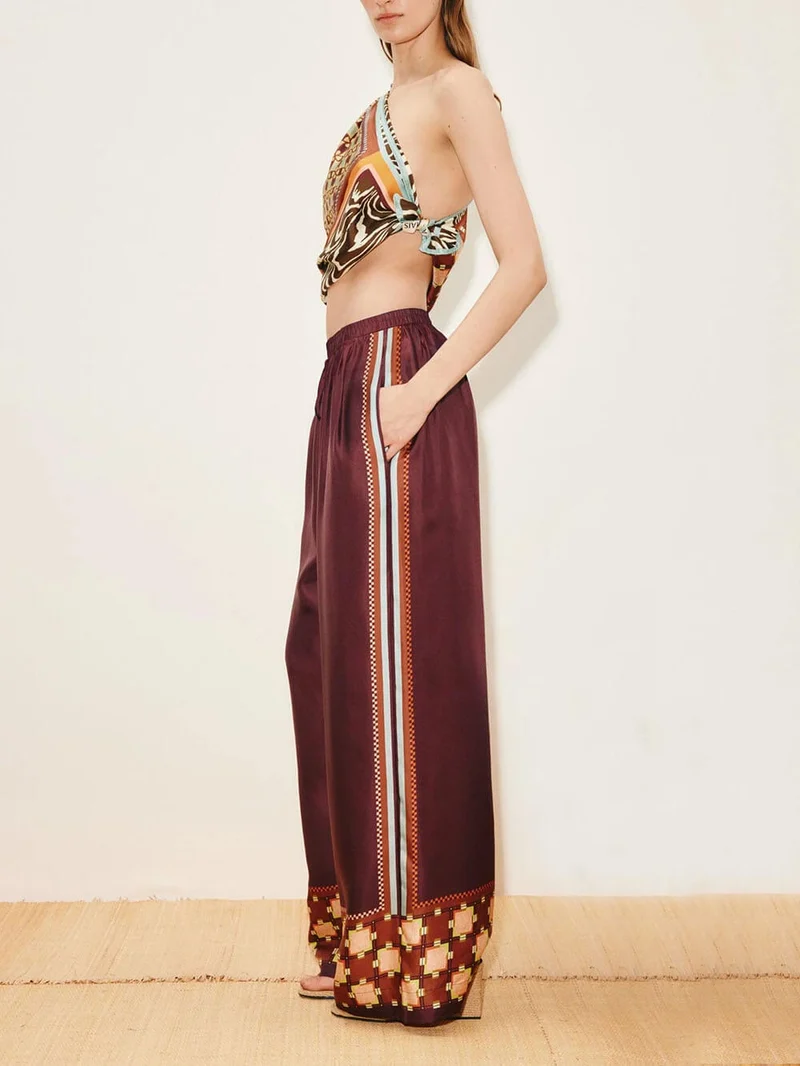 Unique Paisley Color-Block Satin Elastic Waist Wide-Leg Pants