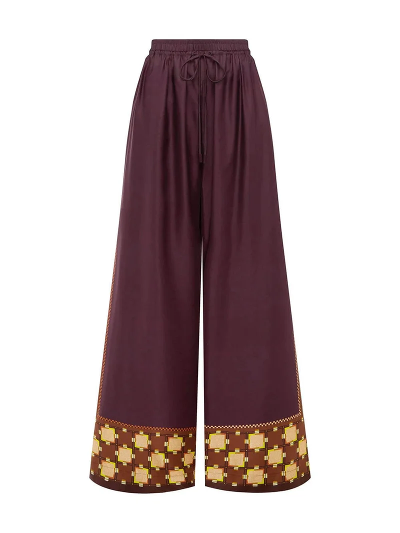 Unique Paisley Color-Block Satin Elastic Waist Wide-Leg Pants