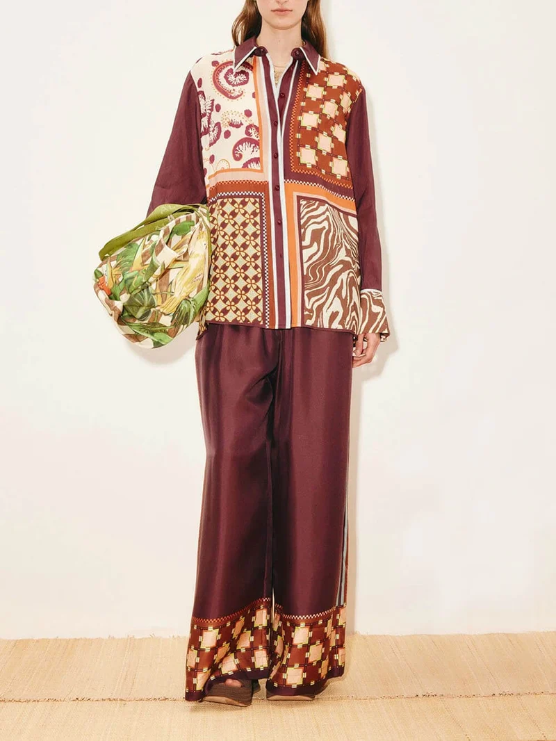 Unique Paisley Color-Block Satin Shirt