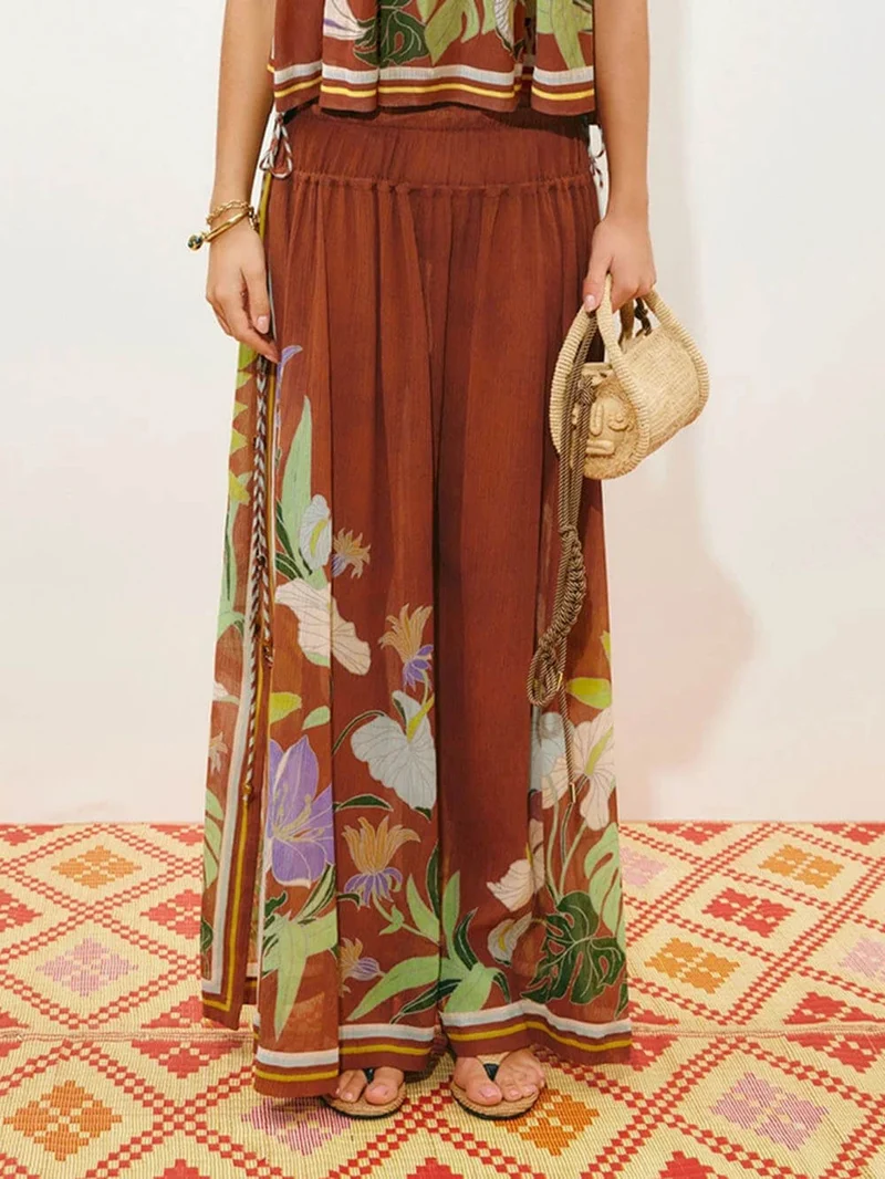 Delicate Ruffle Printed Ruched Adjustable Straps Camisole Top