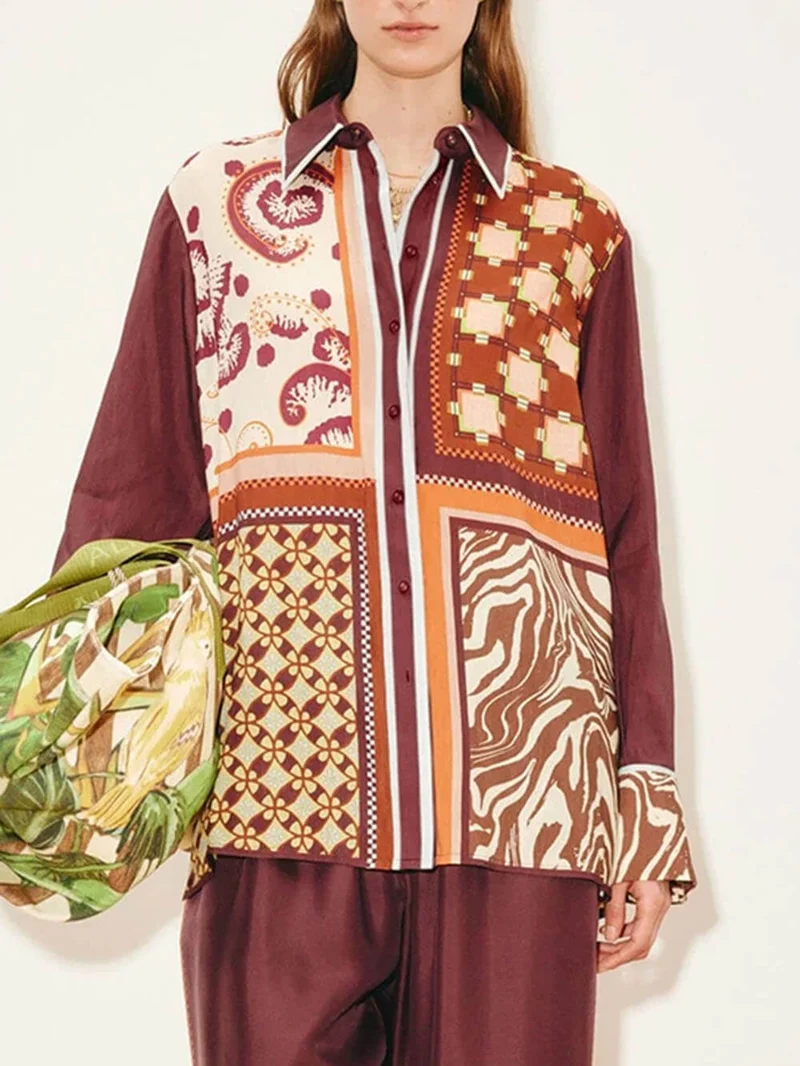 Unique Paisley Color-Block Satin Shirt And Elastic Waist Wide-Leg Pants Set