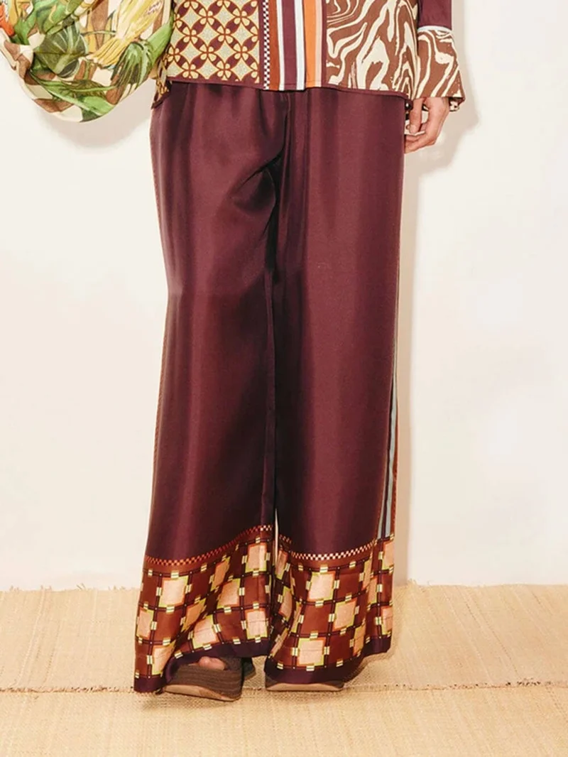 Unique Paisley Color-Block Satin Shirt And Elastic Waist Wide-Leg Pants Set