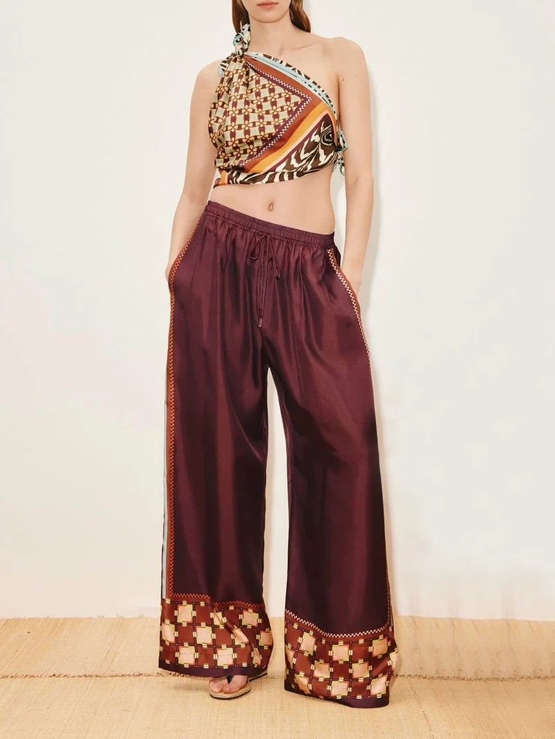 Unique Paisley Color-Block Satin Shirt And Elastic Waist Wide-Leg Pants Set