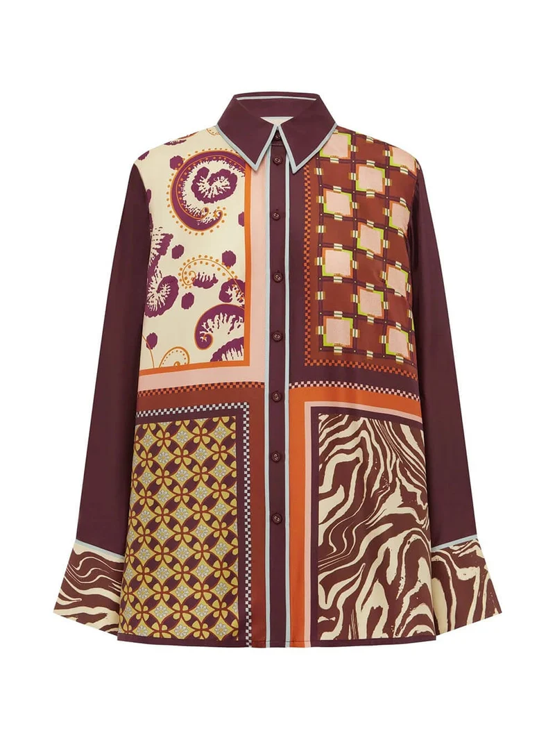 Unique Paisley Color-Block Satin Shirt And Elastic Waist Wide-Leg Pants Set