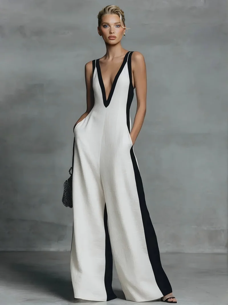 Elegant Sleeveless Deep V-Neck Contrast-Panel Wide-Leg Jumpsuit