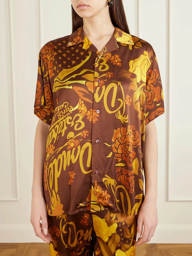 Unique Printed Satin Button-Down Loose Shirt
