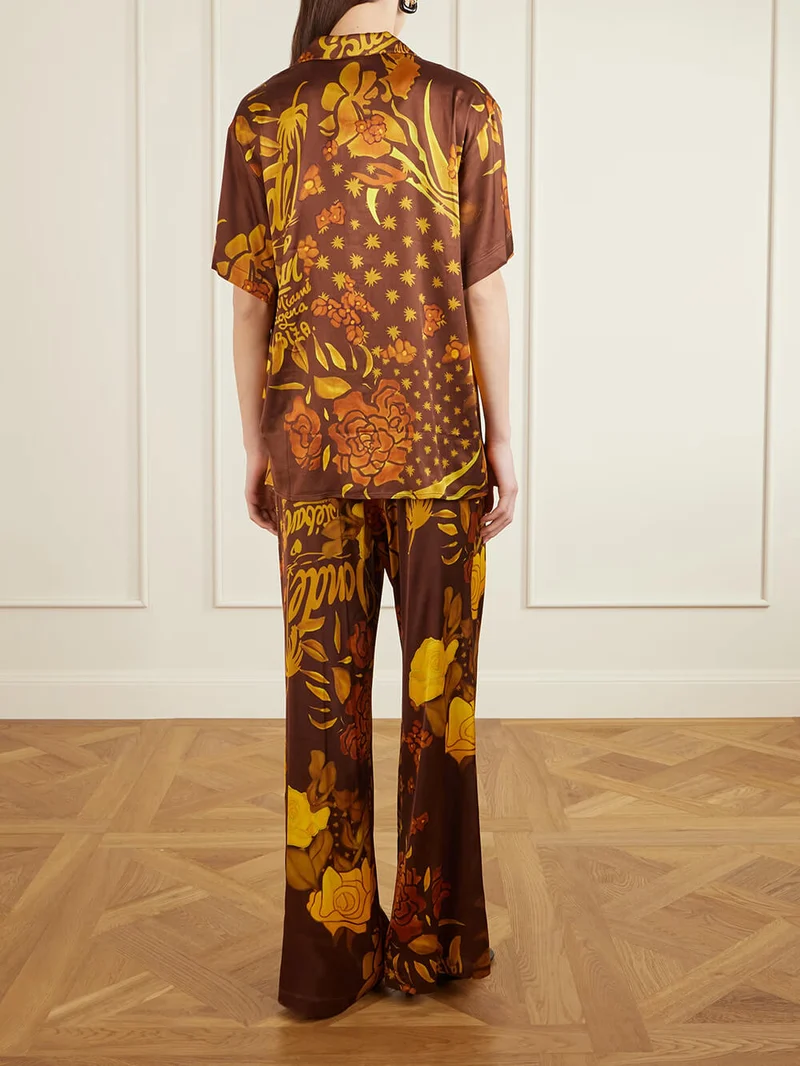 Unique Printed Satin Elastic Waist Pocket Wide-Leg Pants