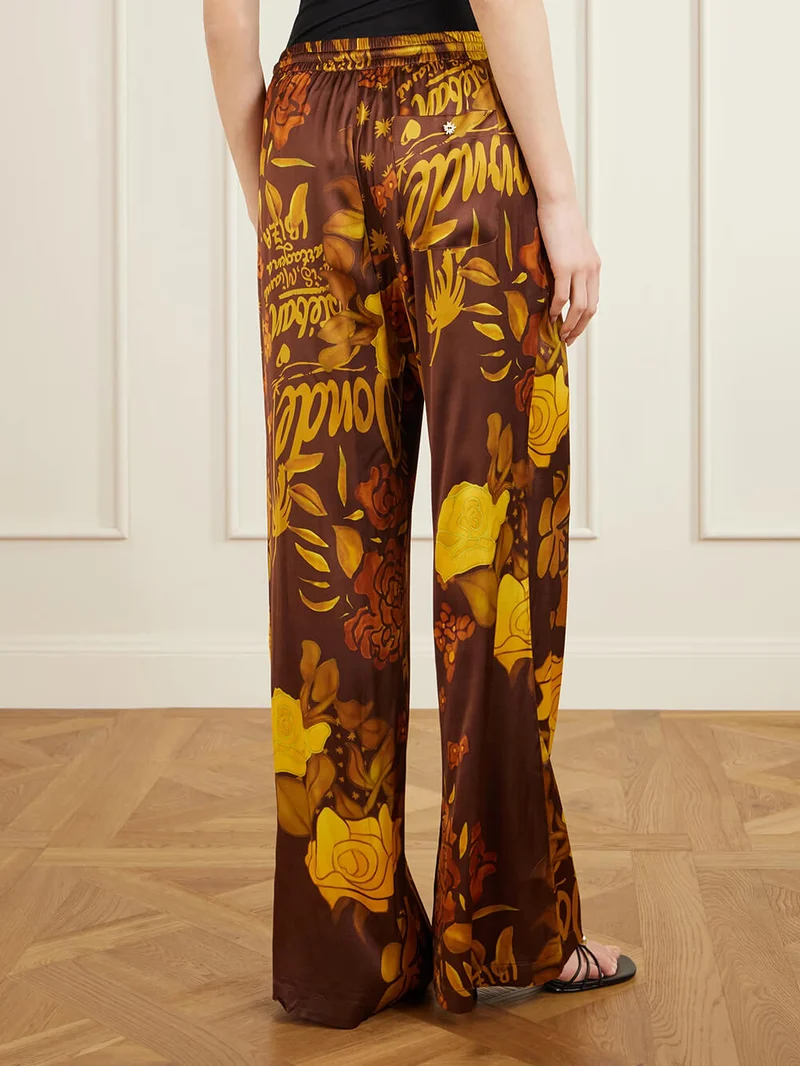 Unique Printed Satin Elastic Waist Pocket Wide-Leg Pants