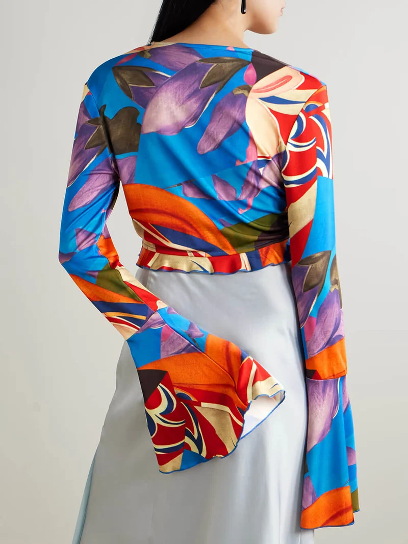 Unique Printed Satin Bell-Sleeve Top and Shorts Set