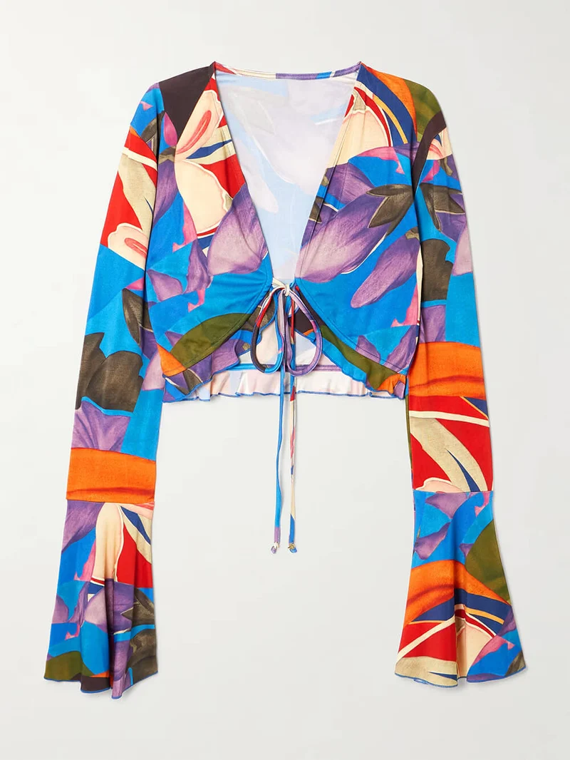 Unique Printed Satin Bell-Sleeve Top and Shorts Set