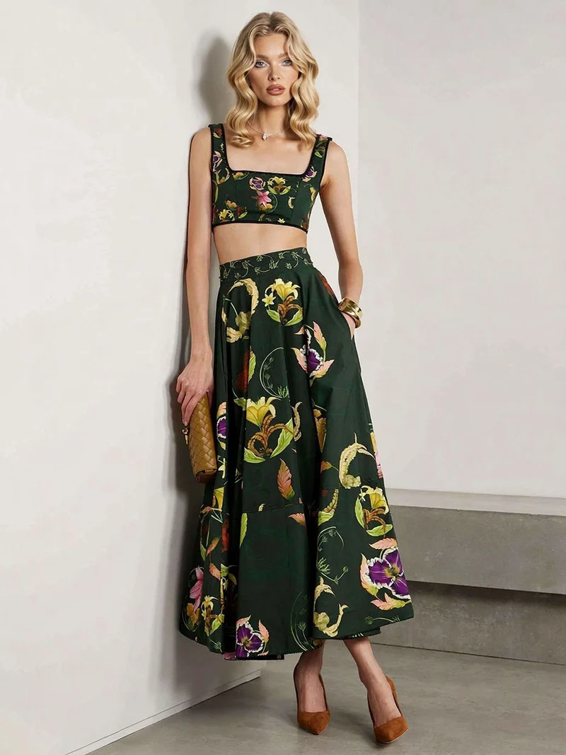 Retro Style Dark Green Floral Print Crop Top & Skirt Set