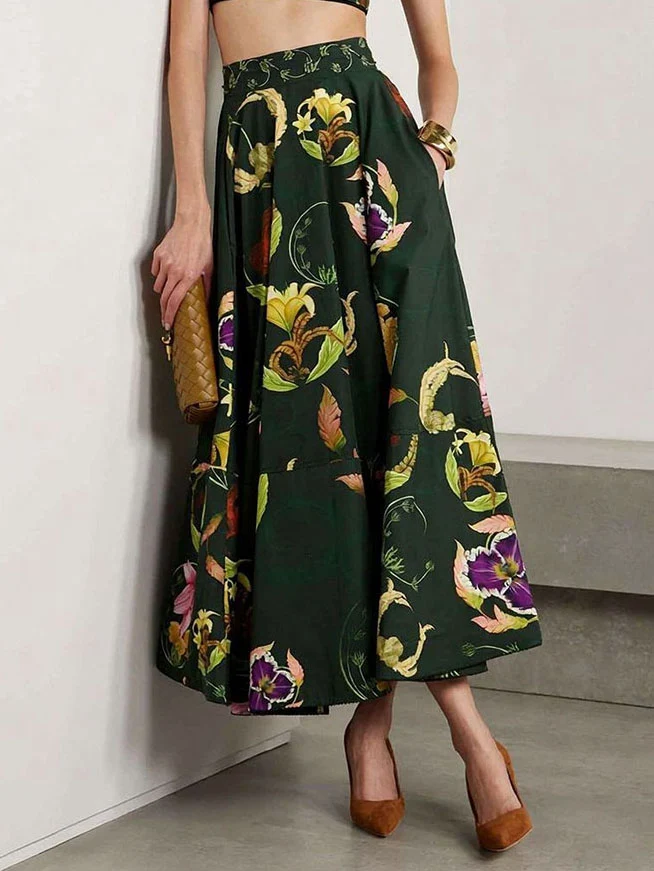 Retro Style Dark Green Floral Print Crop Top & Skirt Set