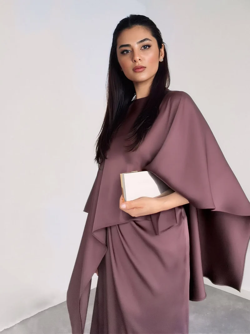 Elegant Satin Cape Sleeve Top & Maxi Skirt Two-Piece Set