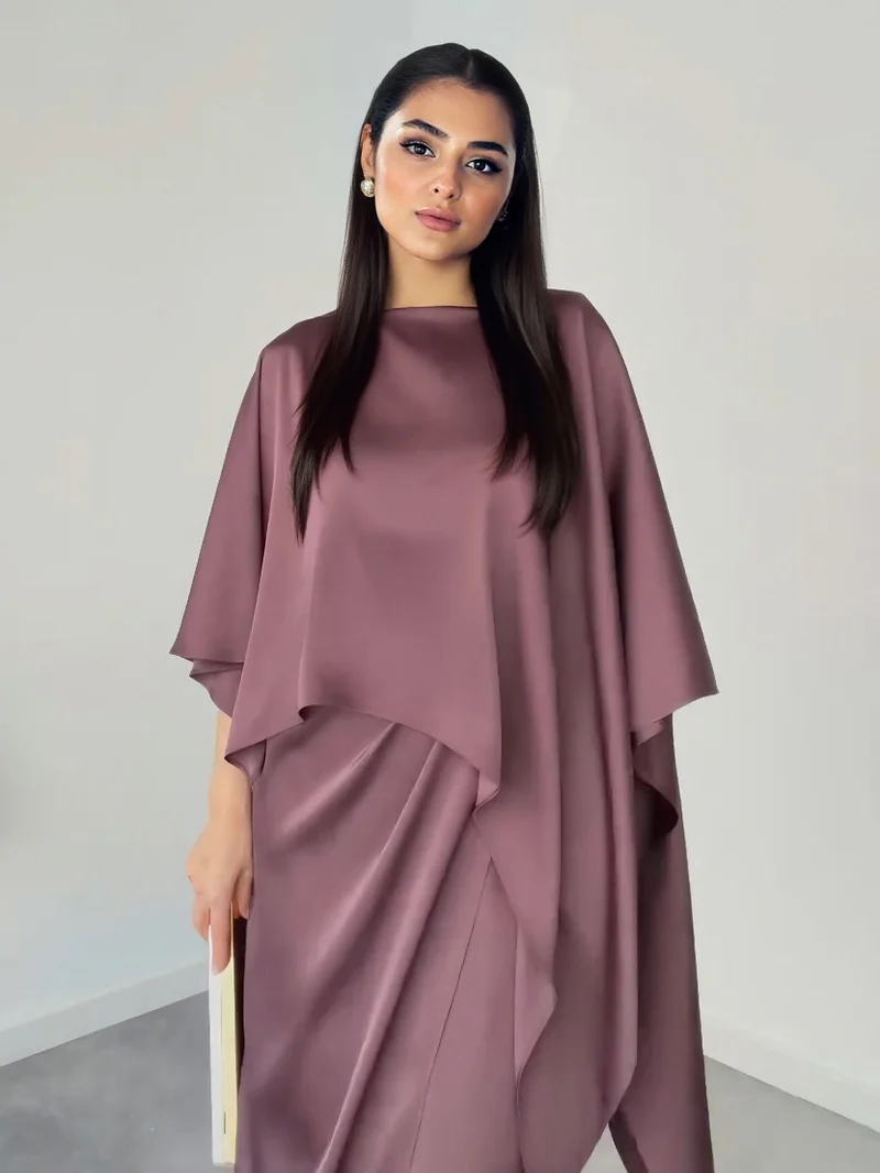 Elegant Satin Cape Sleeve Top & Maxi Skirt Two-Piece Set