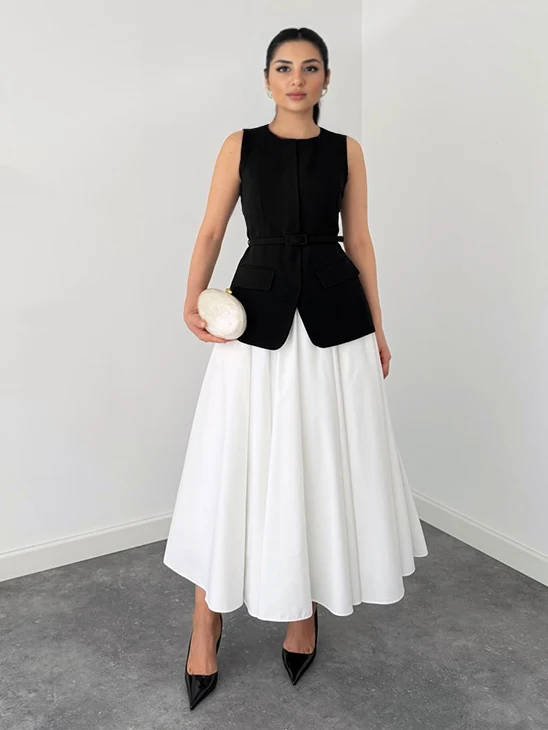 Elegant Sleeveless Vest And White Flared Midi Skirt Two-Piece Set