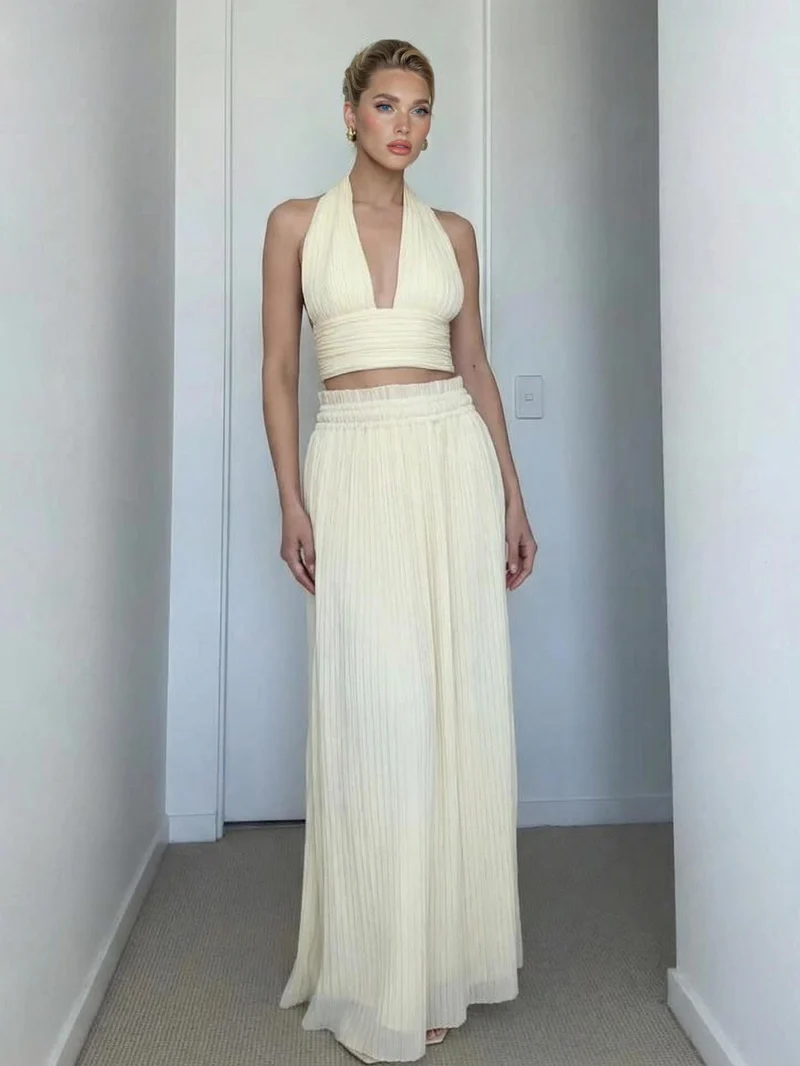 Backless Spaghetti Strap Crop Top &Pleated Maxi Skirt Two-Piece Set