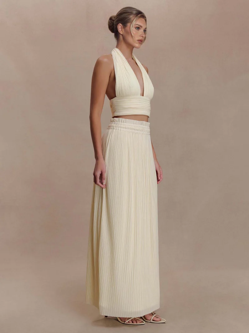Backless Spaghetti Strap Crop Top &Pleated Maxi Skirt Two-Piece Set