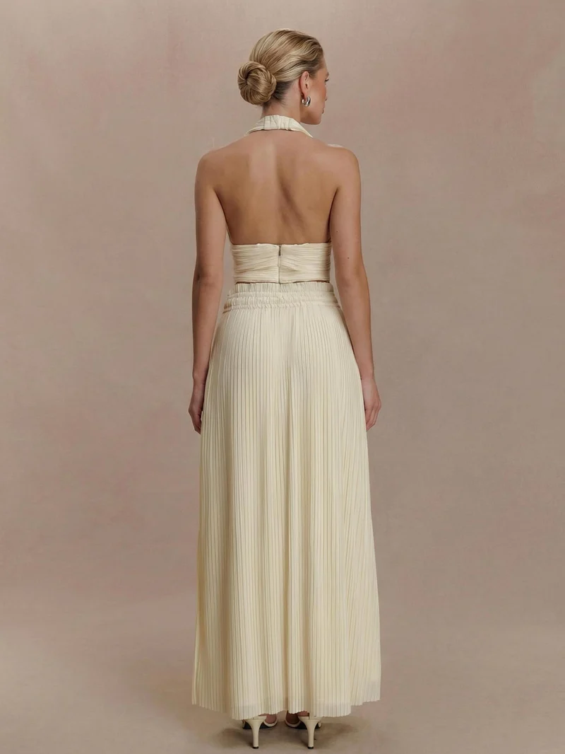 Backless Spaghetti Strap Crop Top &Pleated Maxi Skirt Two-Piece Set