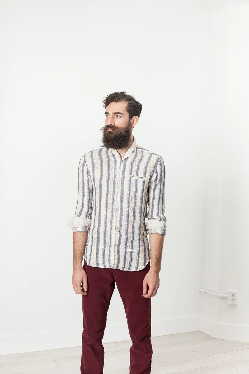 Linen Western Shirt in Beige/Blue -UEB