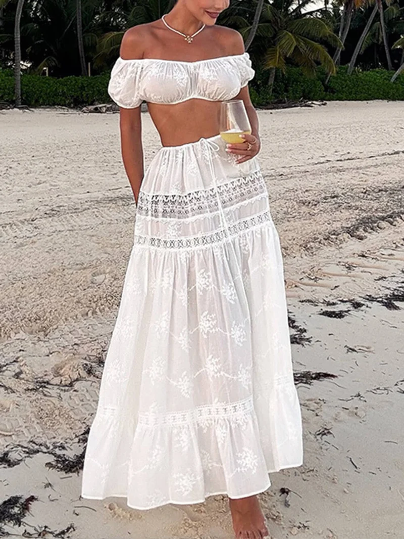 Vacation-Style Cropped Top And High-Waisted Skirt Set