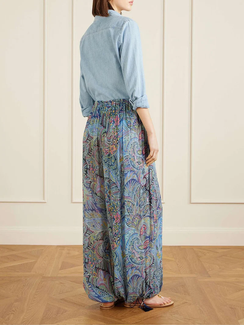 Exquisite Printed Crepe Wide-Leg Pants