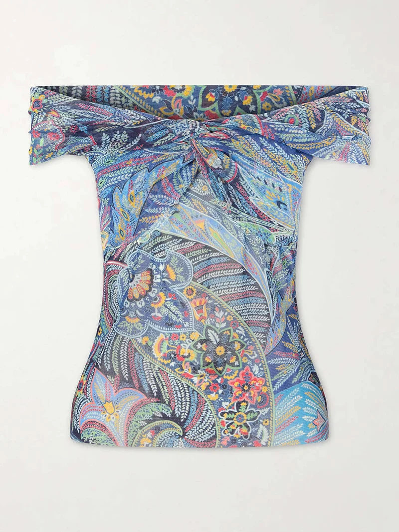 Exquisite Printed Off-Shoulder Mesh Top