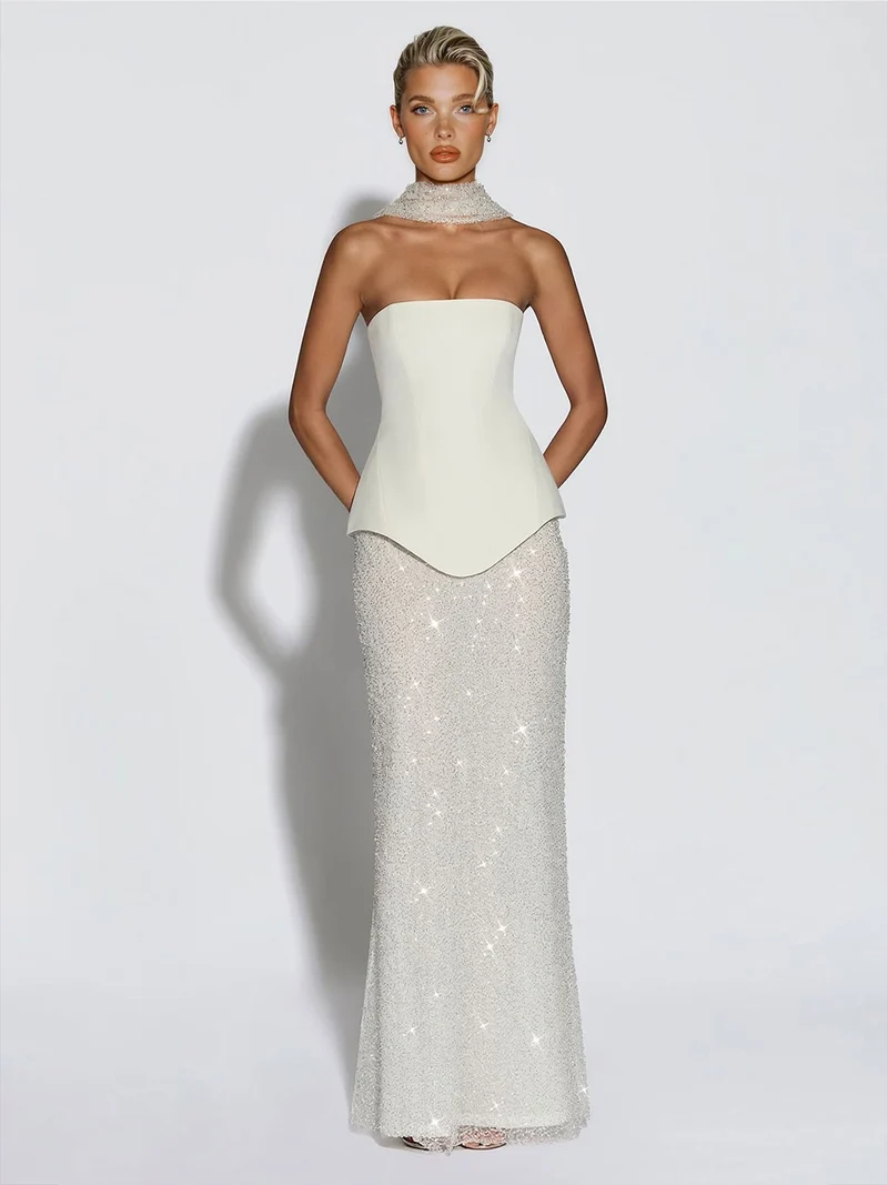 Elegant Strapless Sequin Skirt And Shawl Two-Piece Set