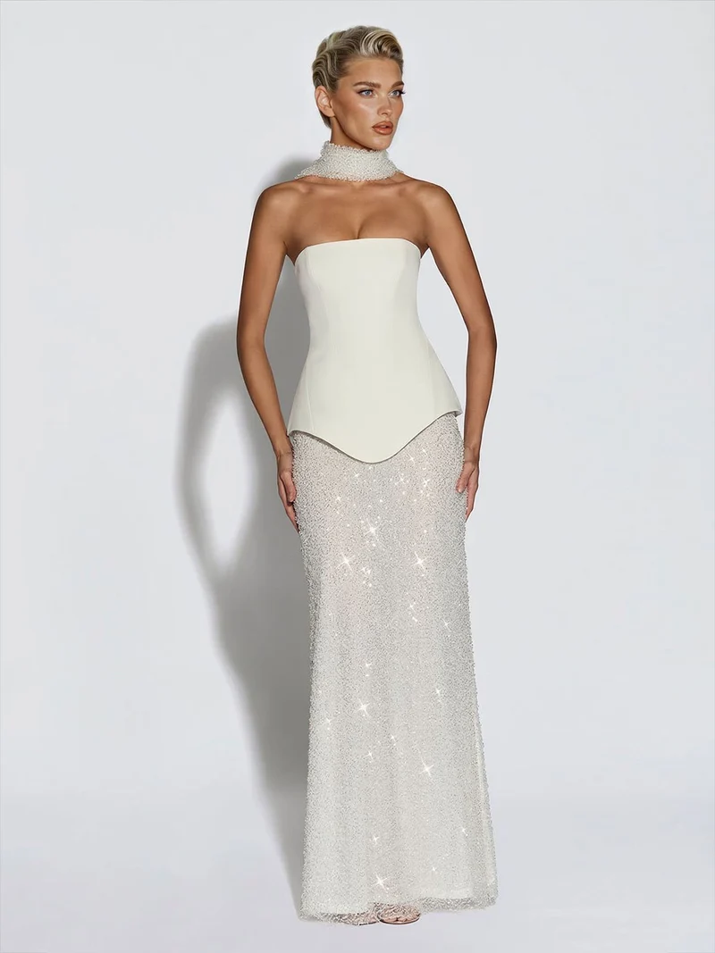 Elegant Strapless Sequin Skirt And Shawl Two-Piece Set
