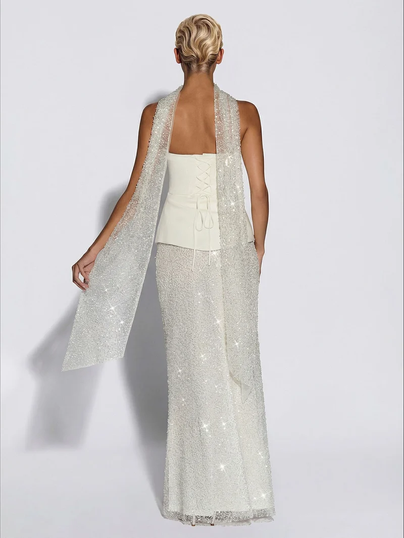 Elegant Strapless Sequin Skirt And Shawl Two-Piece Set